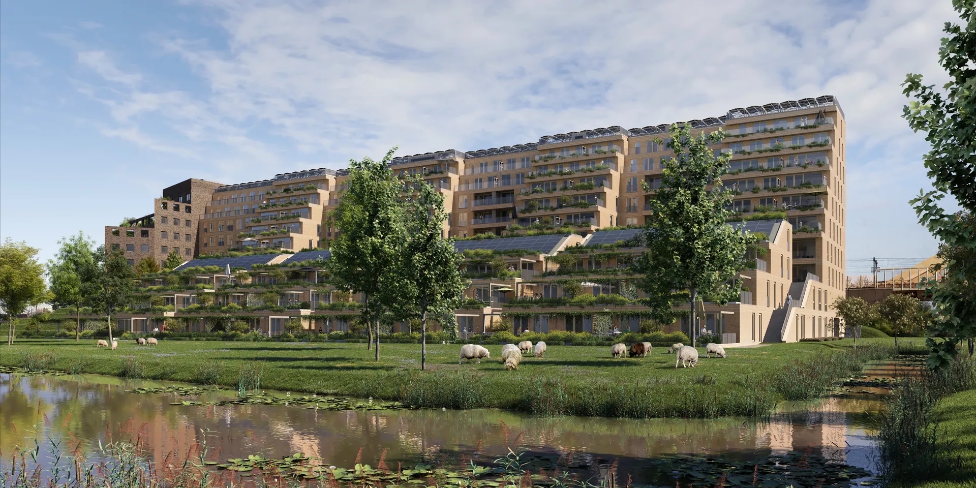 Vooraanzicht van het Bellevue gebouw met schapen en water