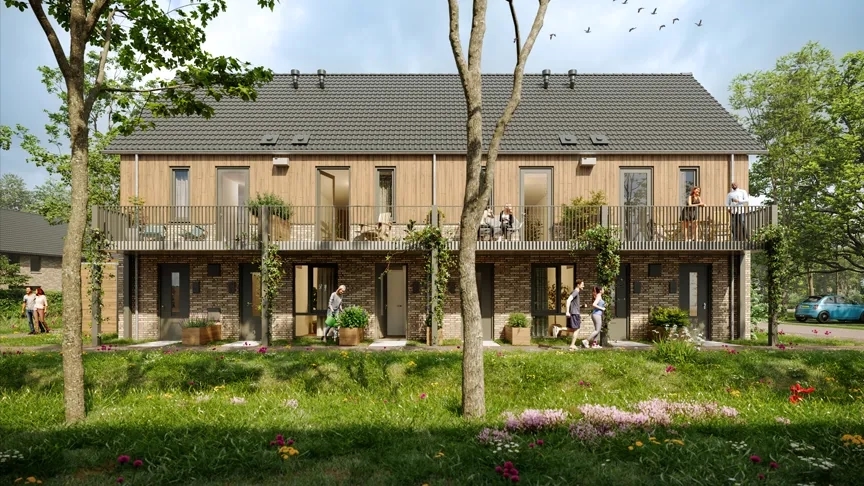 Rijwoningen met balkon met uitzicht op groen