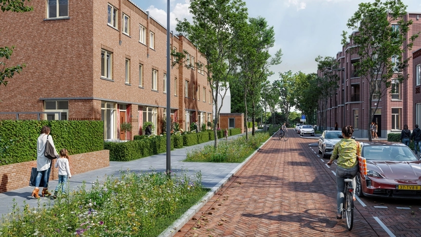 impressie deelgebied 'In de Lanen I' in Nieuw Kralingen met aan het einde van de straat het Kralingse Bos