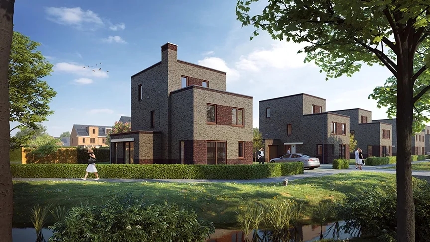 Vrijstaande woningen met groenstrook aan het water