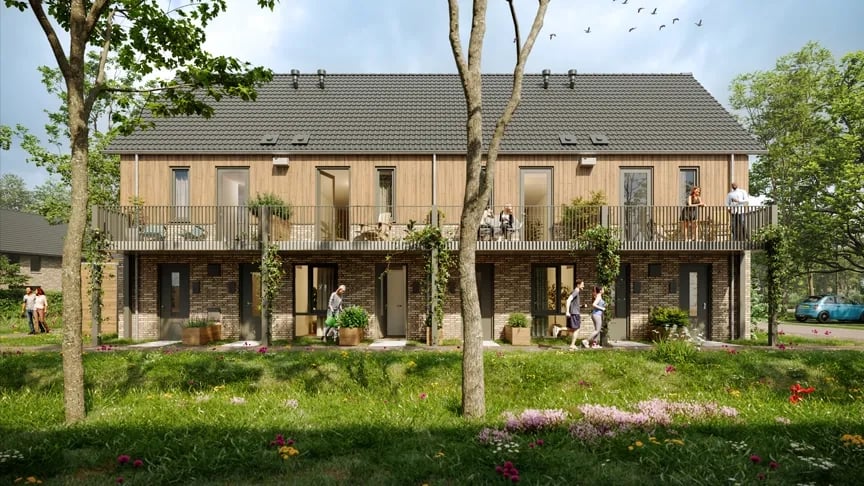 Rijwoningen met balkon met uitzicht op groen