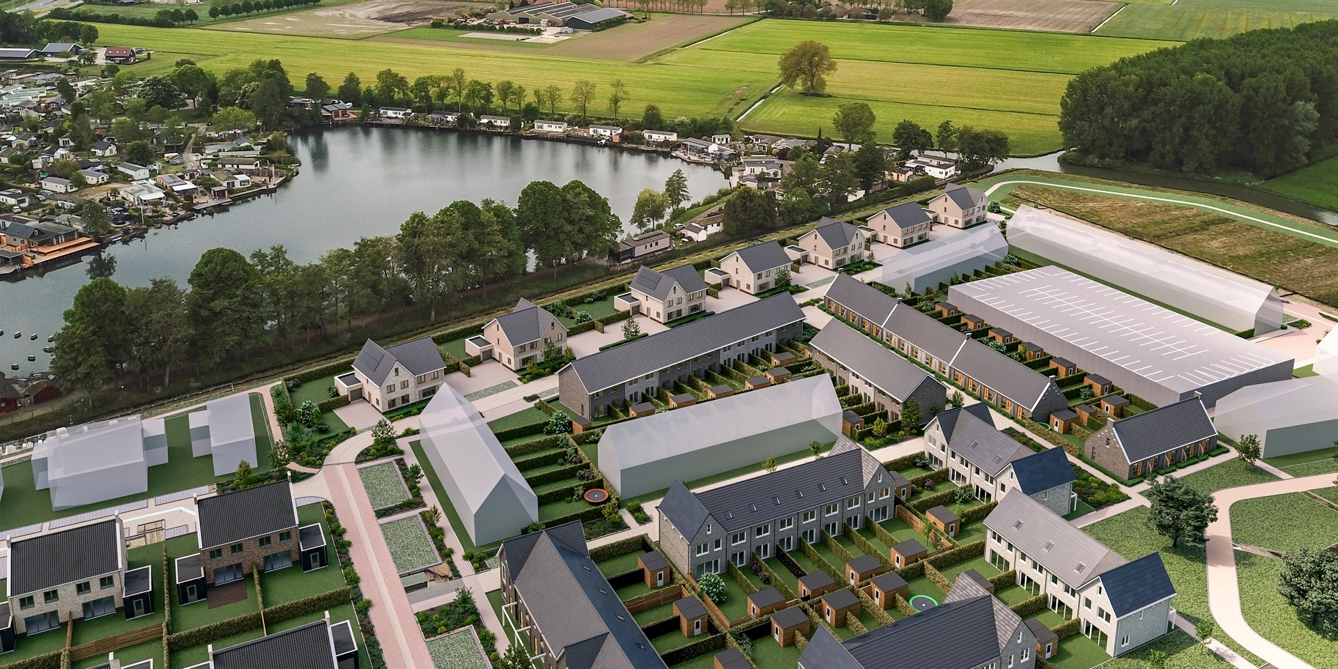 Vogelvlucht van rijwoningen en tweekappers met zicht op het water