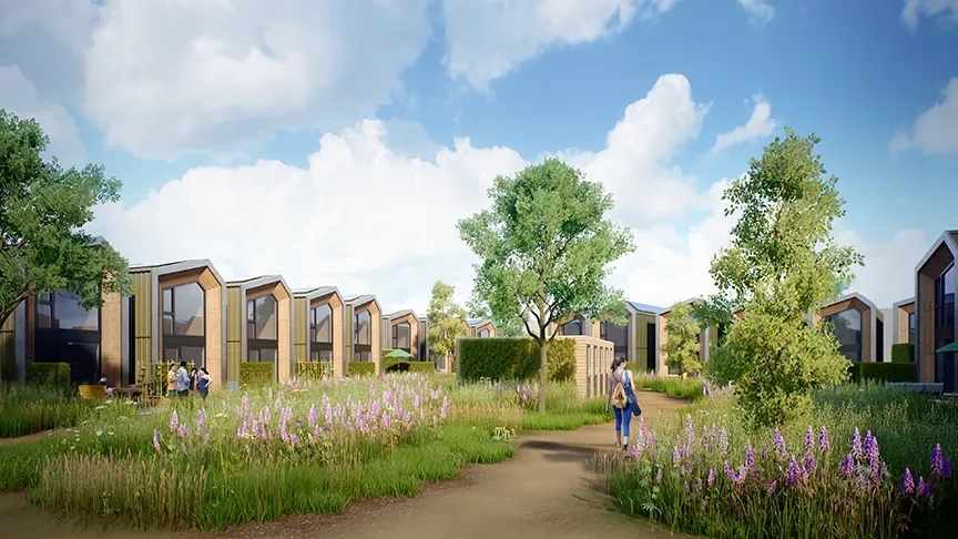 Vrouw die door groene woonwijk wandelt met Heijmans TWO woningen op de achtergrond