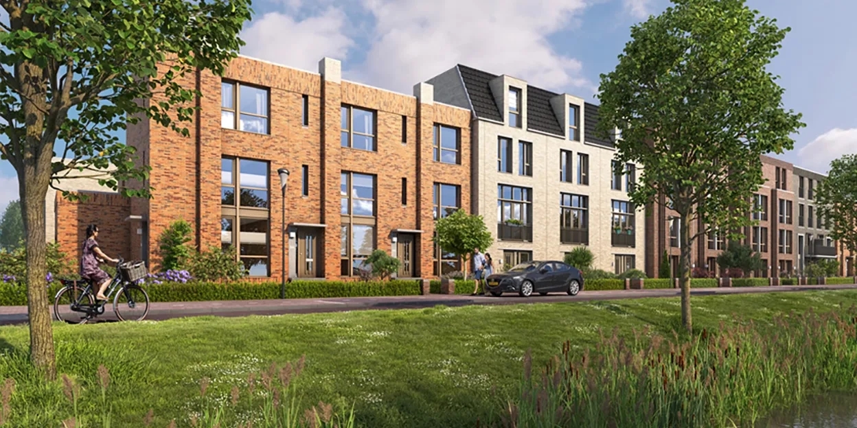 Impressie van de rijwoningen aan de waterkant
