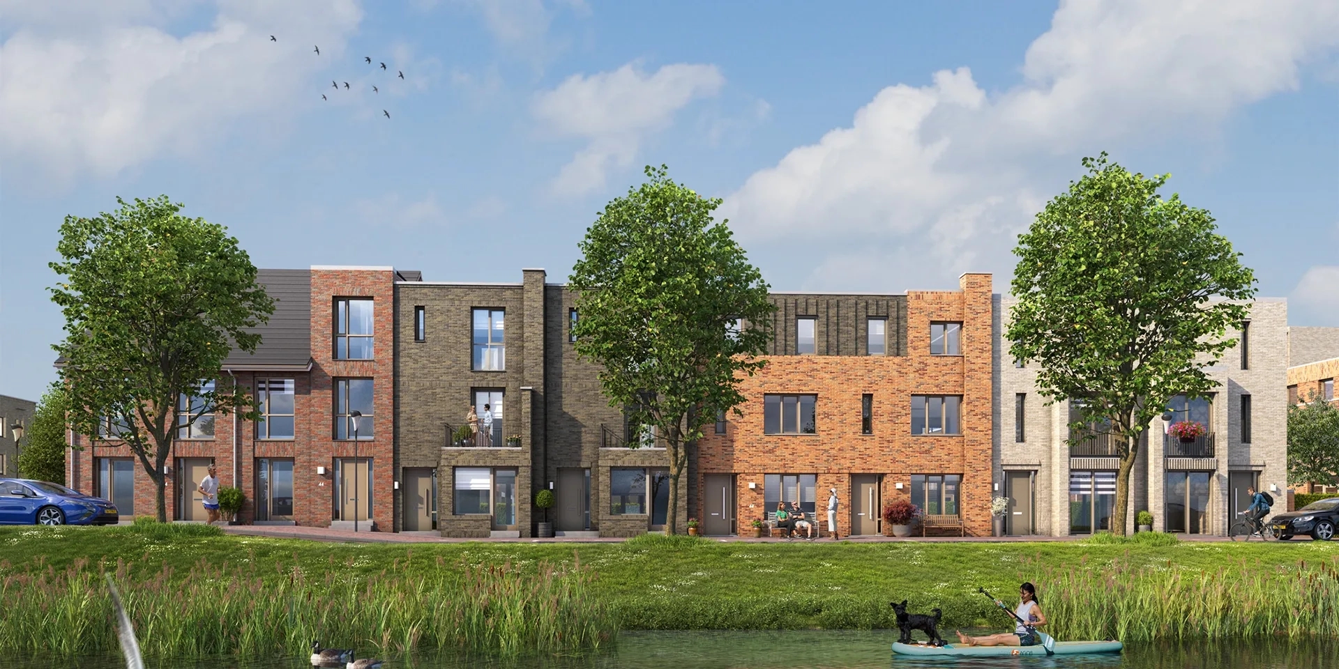 Impressie van de rijwoningen aan het water