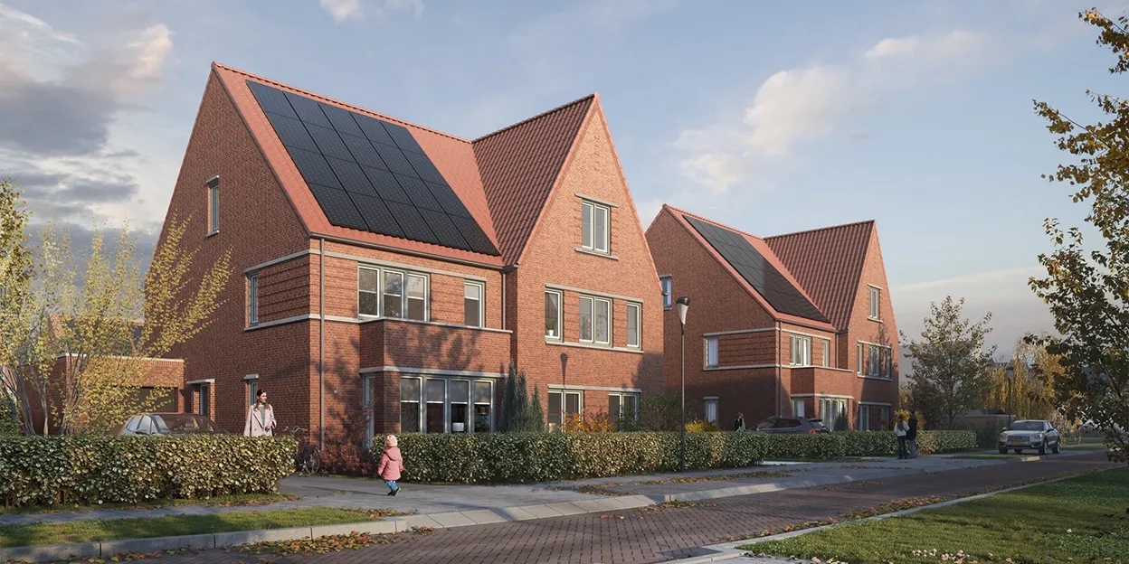 Impressie van de tweekappers met een moeder en dochter op de oprit