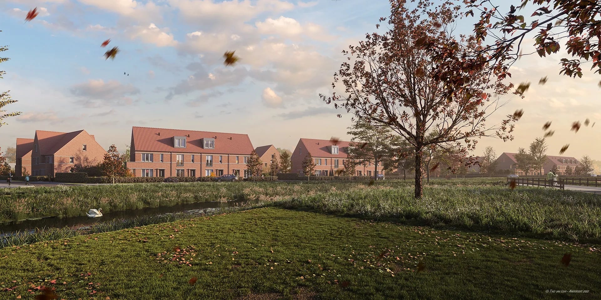Impressie van de woningen met water en bomen op een grasveld