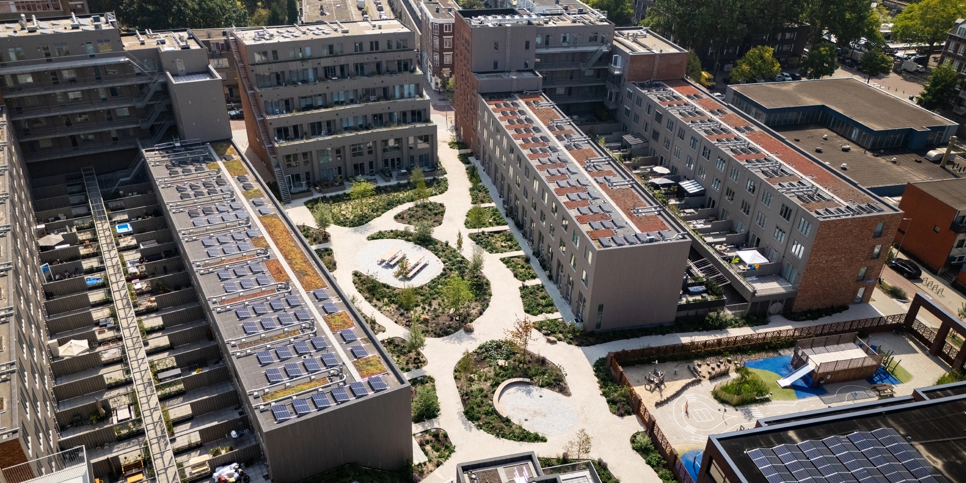 Luchtfoto Wonen in de Kuil met zicht op de eengezinswoningen en appartementen