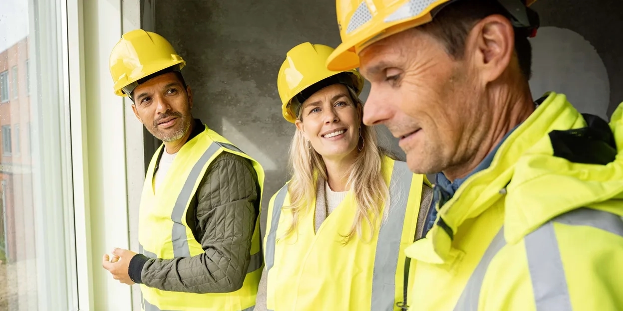 Man en vrouw met persoonlijke beschermingsmiddelen tijdens een kijkmoment op de bouw