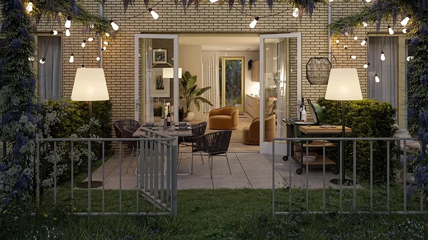 Sfeervol ingerichte tuin met verlichting